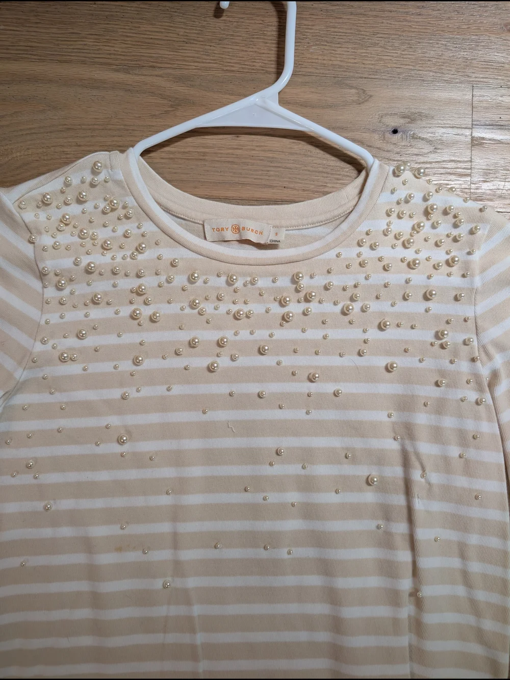 Tory Burch Cream and White Striped Long-Sleeve Tee with Pearl Beads Size S